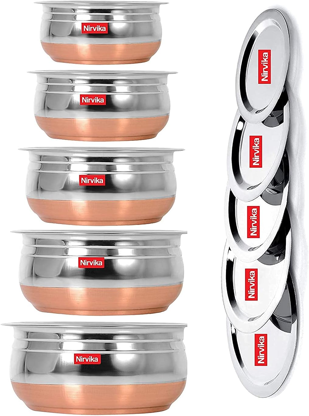 Steel Handi Set 5Pc Pcs Piece Mirror Satin Copper Bottom Milk Pot Pan/Biryani Tope/Punjabi Pateli/Tapeli/Cookware Set Of 5 Pieces Size: 1.500 L,1.200 L,1.000 L,0.800 L,0.500 L (Urli),1500Ml