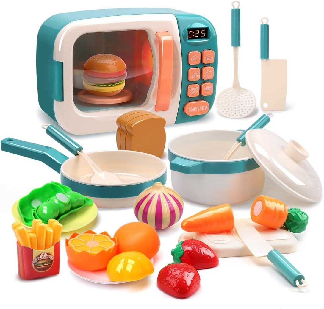 Cute Stone Microwave Toys Kitchen Play Set, Kids Pretend Play Electronic Oven with Play Food, Kids Cookware Pot and Pan Toy Set, Cooking Utensils,Great Learning Kitchen Toys for Girls Boys