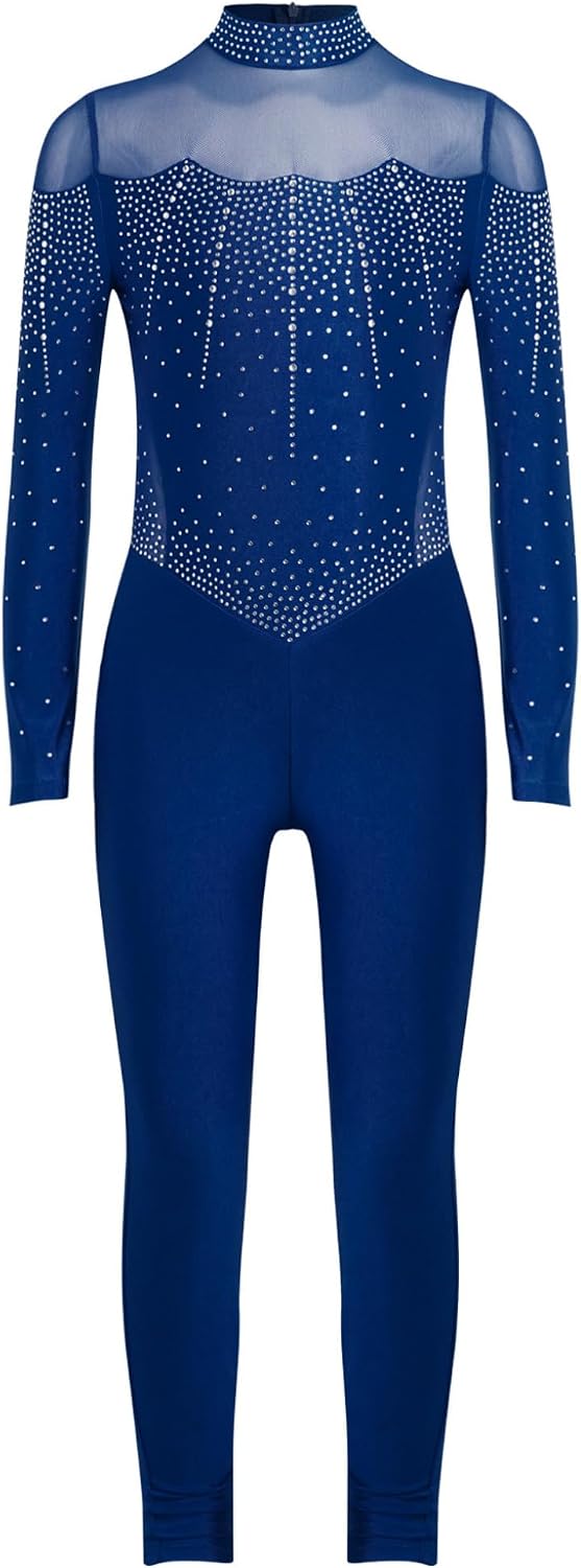 Jan Jean Girls Shiny Rhinestones Figure Skating Unitards Solid Color Long Sleeve Zip Back Gymnastics Long Leotard