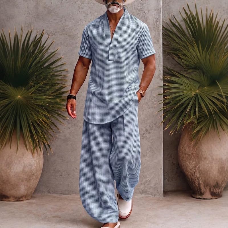 Men's half zip short sleeved shirt and pants set, casual sports 2-piece set
