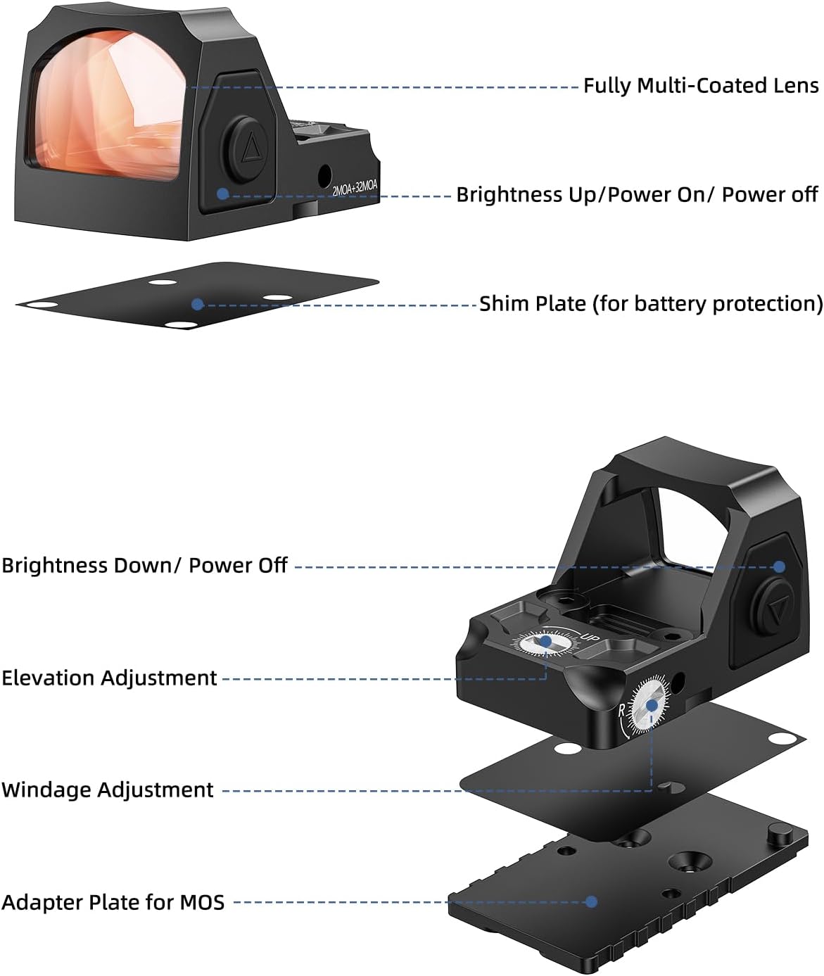 EZshoot Multiple Reticle Red Dot Sight,Compatible with RMR,2MOA Dot&32MOA Circle Motion Awake, Full-Sized Optics with Adapter Plate for MOS and Picatinny Mount