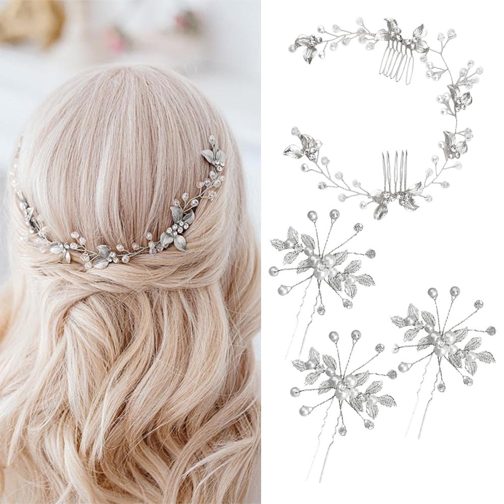 4 Pezzi Accessorio per Capelli da Sposa Pettini per Capelli da Sposa e Forcine a U con Strass Perla Nuziale Decorativo Cerchietto Festa di Nozze per Donne e Ragazze (Argento)