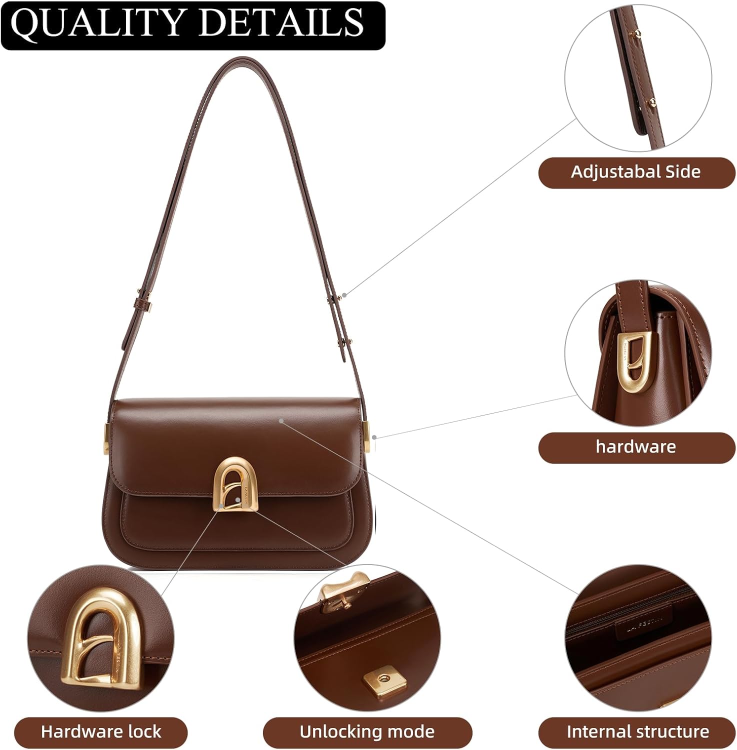 LA'FESTIN Genuine Leather Shoulder Purse for Women, Designer Handbag with Adjustable Strap, Going Out Crossbody Bag - Image 5