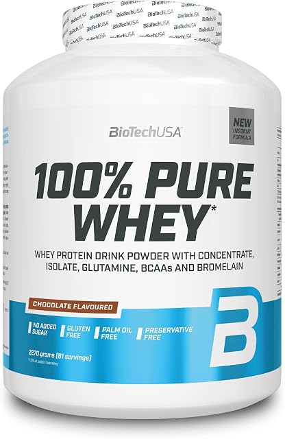 BioTechUSA 100% Pure Whey, Kompleks białka serwatkowego z enzymem bromelainy, aminokwasami, bez dodatku cukru, bez oleju palmowego, 2.27 kg, Czekolada
