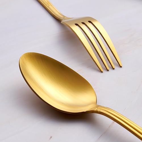 Miniatura 5 de Juego de cubiertos dorados de 30 piezas, cubiertos de acero inoxidable con acabado satinado que incluye tenedores, cucharas y cuchillos, diseño de