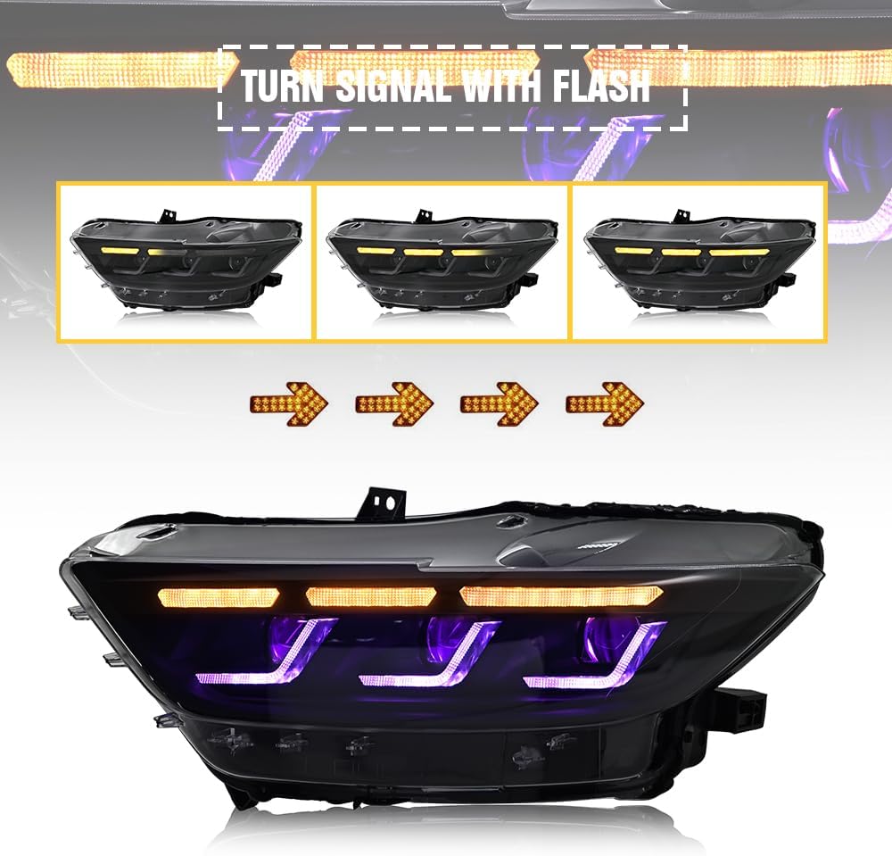 Update 2024 Style Headlamp Compatible with 2015-2025 Ford Mustang GT EcoBoost Premium V6 Front Light 2016-2022 Shelby GT350 GT350R GT500 Sequential Animation Custom Accessories (15-17 MC Version)