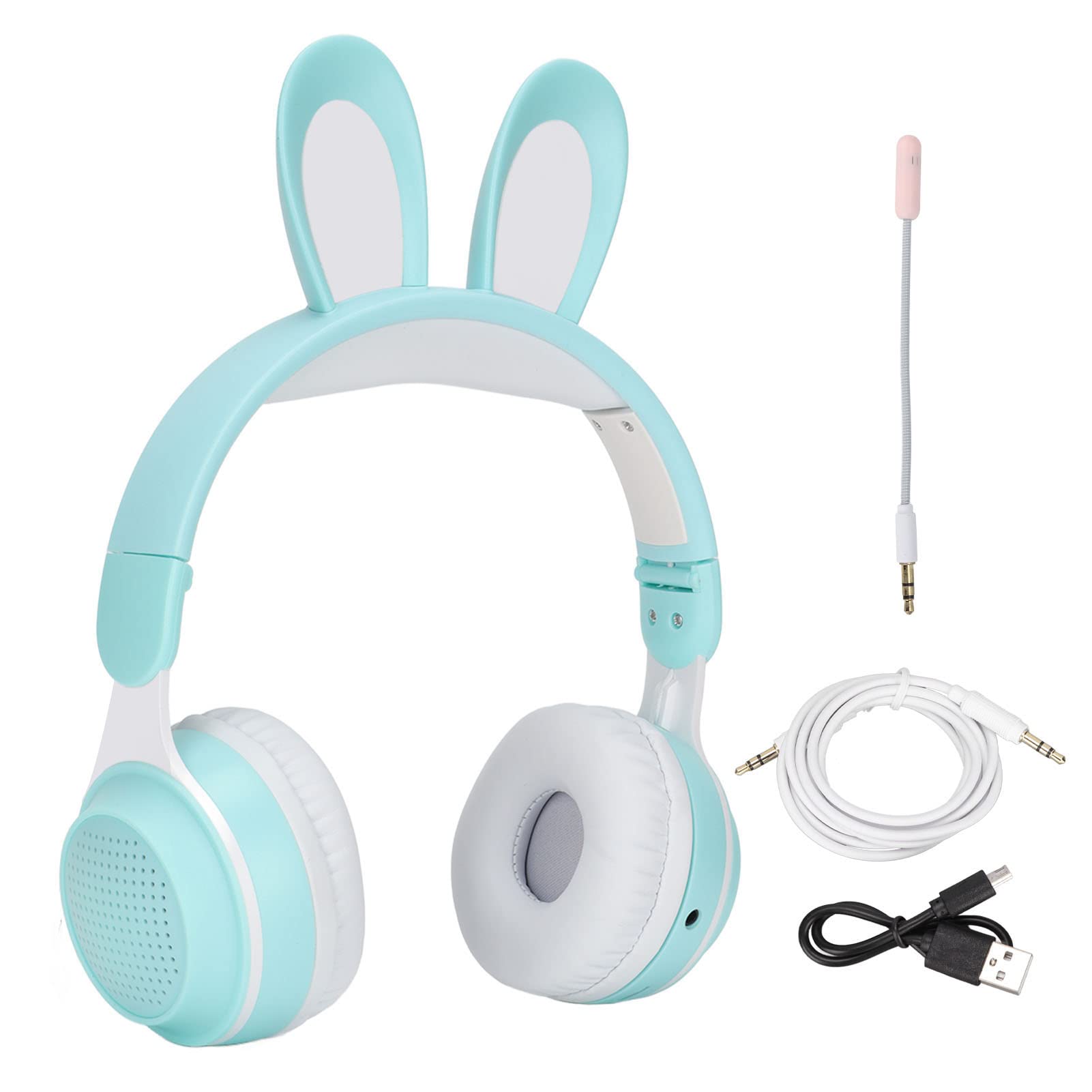 Auriculares para Niños, Auriculares Bluetooth 5.0 con Oreja de Conejo, Auriculares Inalámbricos Plegables con Luz LED sobre la Oreja, Soporte TF/AUX, Regalos para Niños, Niños Pequeños,(Verde)