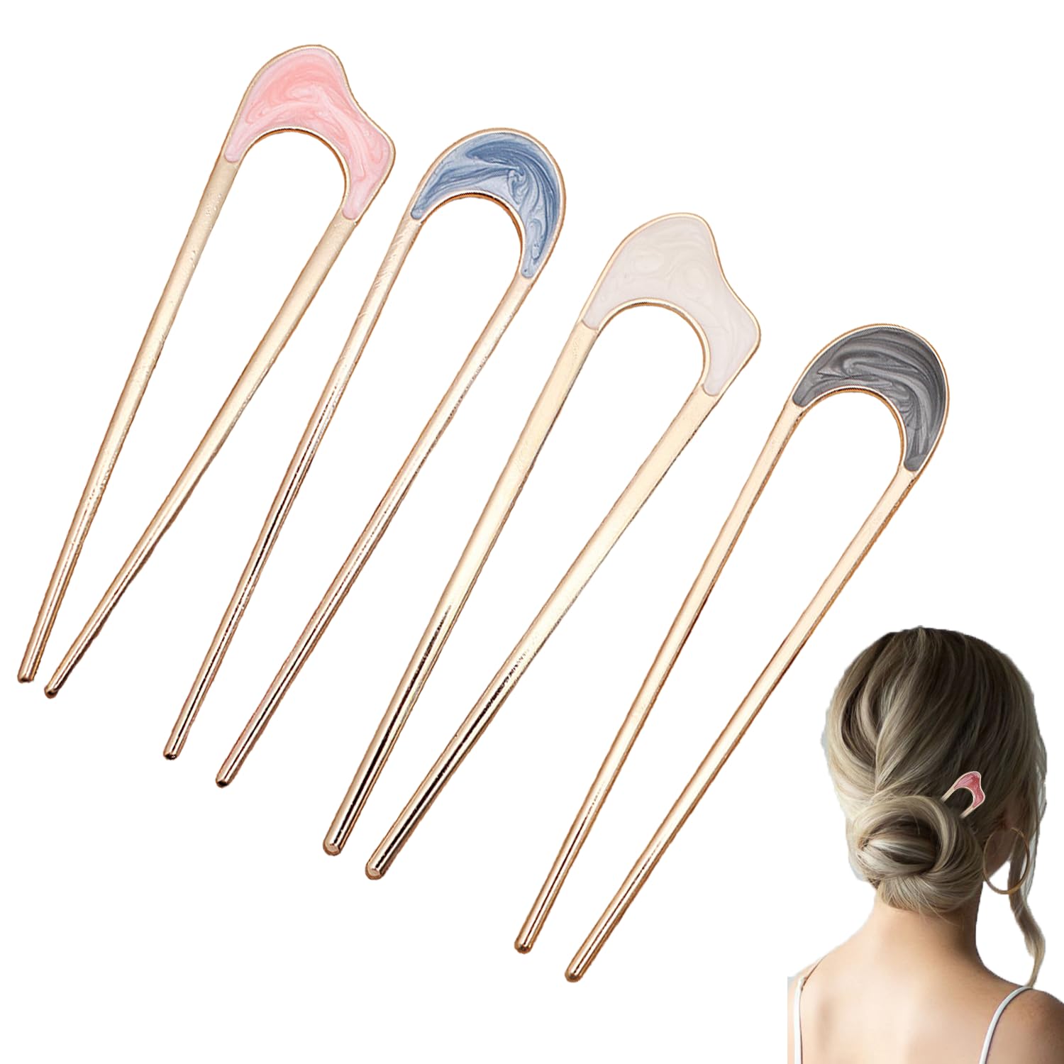 CRESSNOVA Metal U Shaped Hair Stick for Bun – 4 Pcs Bun Stick & Bun Clips for Women | Hair Pins for Hair Styling | Juda Stick for Hair Bun | French Pins for Hair & French Hair Pin