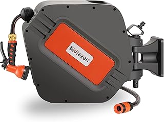Blütezeit Retractable Garden Hose Reel, 1/2'' x 65FT+6FT Water Hose Reel Wall Mount, 9 Function Nozzle, Any Length Lock, 180° Swivel Bracket, Automatic Slow Rewind System (Dark Grey)