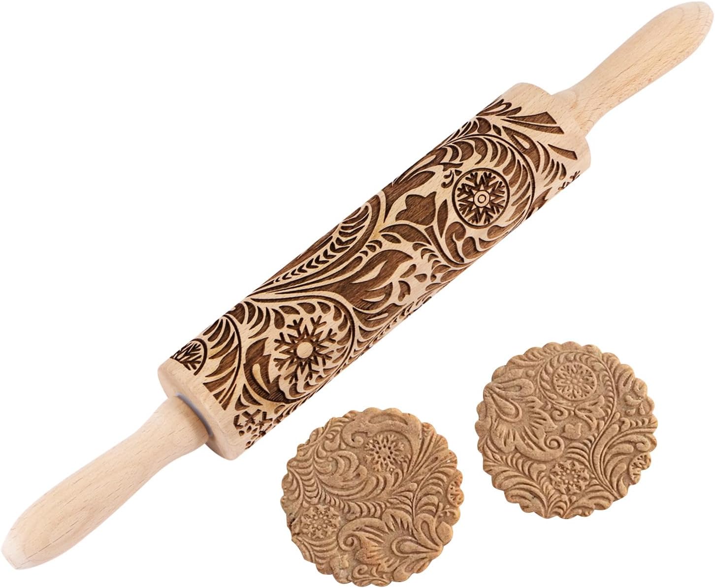 Embossed Wooden Rolling Pin for Baking,Evermarket Deep Engraved Embossing Rolling Pin with Christmas Snowflake Flower Design for Baking Embossed Cookies,Cute Kitchen Decor DIY Tool for Kids and Adults