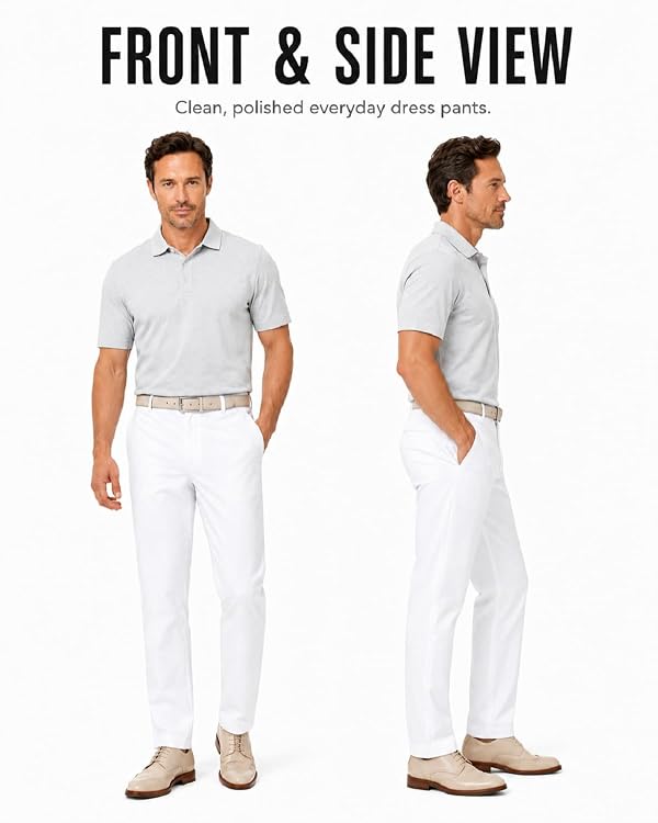 SNOWTEN Mens Pro Work Slacks, Classic Fit Stretch Dress Pants 30" Quick Dry Lightweight, Smooth Pro Fabric, Water-Repellent Finish, Pockets White 34w × 30L by SNOWTEN - Image 3