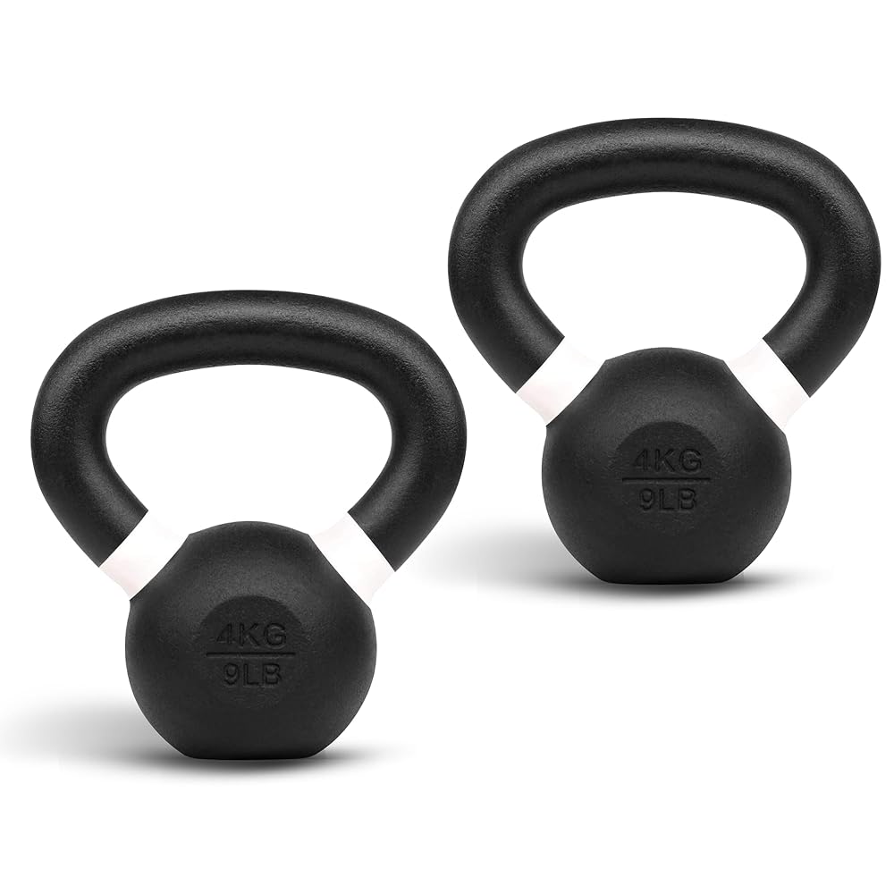Yes4All Powder Coated Kettlebell, 9 lb Cast Iron Core Kettlebells with Non-Slip Handle & Flat Bottom for Conditioning, Heavy Duty for Strength Training - Pair, White