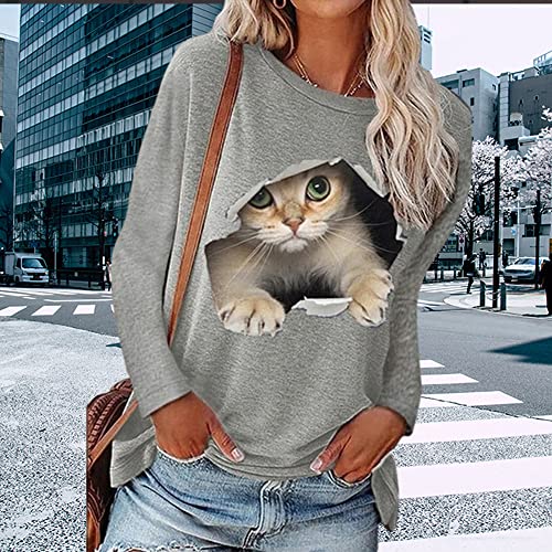 Bvwey Women's Long Sleeve Loose Tunics Casual Crewneck Sweatshirt Cat 3D Print Trendy Comfy Soft Tops S-2Xl Grey #TOP3