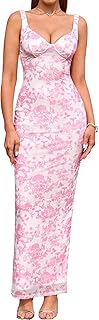 Women Summer Floral Bodycon Maxi Dress V Neck Halter Sleeveless Casual Wedding Guest Party Elegant Long Dresses
