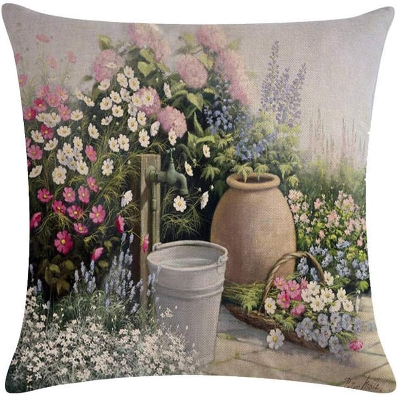 Flower Farmhouse Decorative Pillow Covers Cotton Linen Spring Throw Pillow Covers Set of 4 Square Cushion Covers 18x18 inch, 4 Packs (Flower Farmhouse)