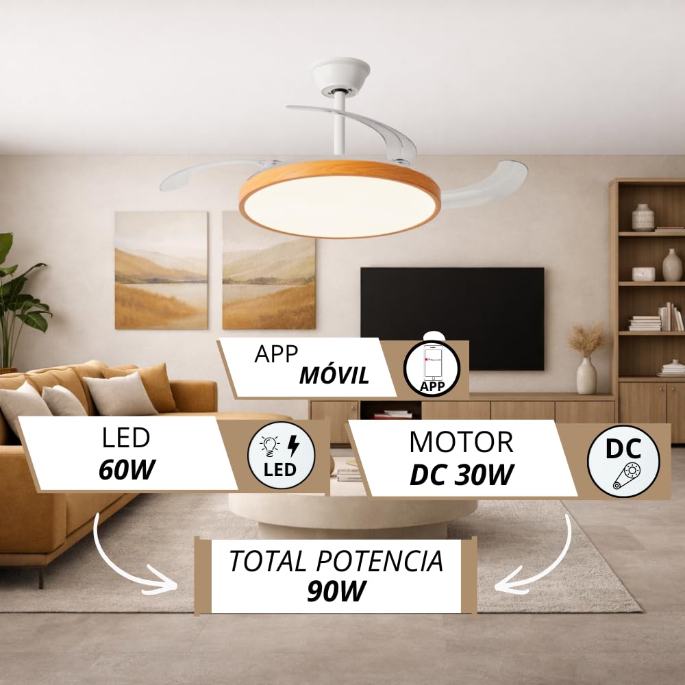 NARVI Ventilador de Techo Blanco y Madera Haya con Luz LED Regulable, Motor DC Silencioso de Bajo Consumo, Lámpara Ventilador con Mando, 3 Aspas Retráctiles, BRETAÑA 1779 WDN+WH