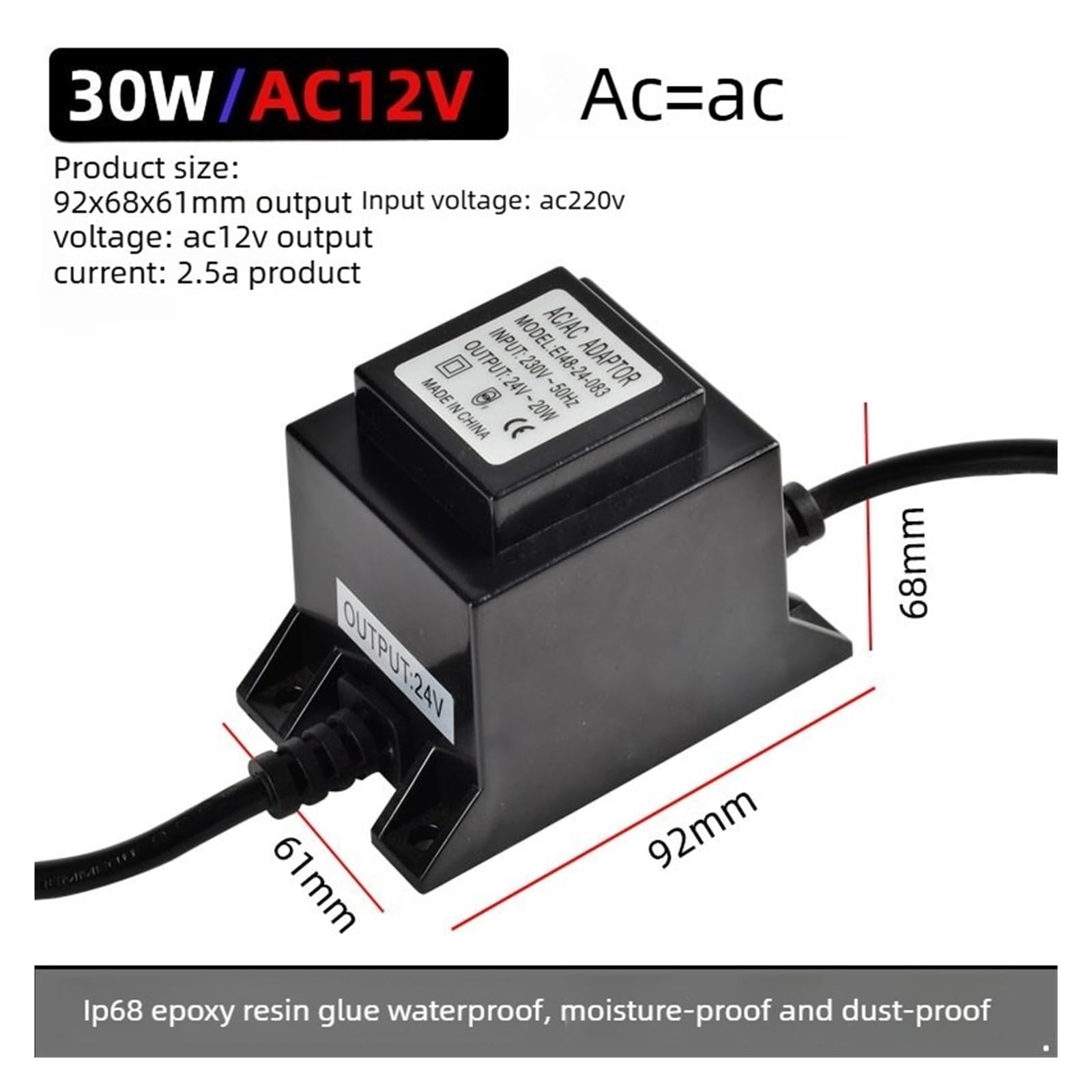 Wodoszczelny transformator podwodny AC 12 V/24 V do użytku na zewnątrz; AC 220 V na 2/24 V adapter do oświetlenia podwodnego; LED do basenu; 30 W, 60 W