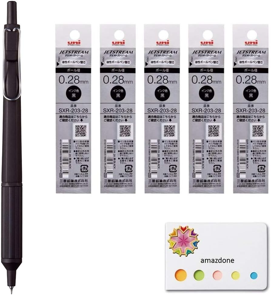 uni Jetstream Edge 0.28mm Oil-Based Ballpoint Pen, Black Body (SXN100328.24)＋Jetstream Edge 0.28mm Ballpoint Pen Refills（SXR-203-28 Black） 5 Refills Set, and amazdone Sticky Notes