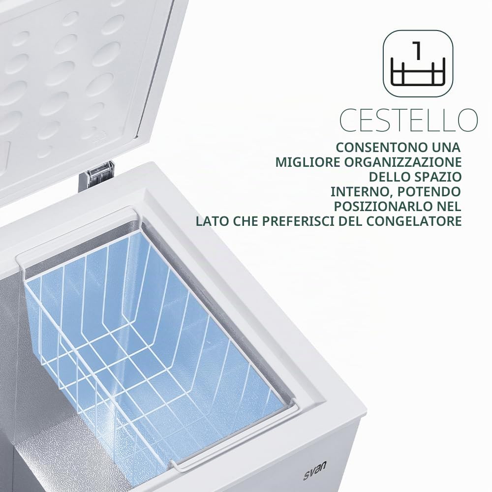 Svan Congelador horizontal Blanco SCH1501EDC. Capacidad 142 Litros, Dual Cooling, 1 Cesta, Bajo nivel Sonoro, Eficiencia Energética Clase E [Clase de eficiencia energética E]