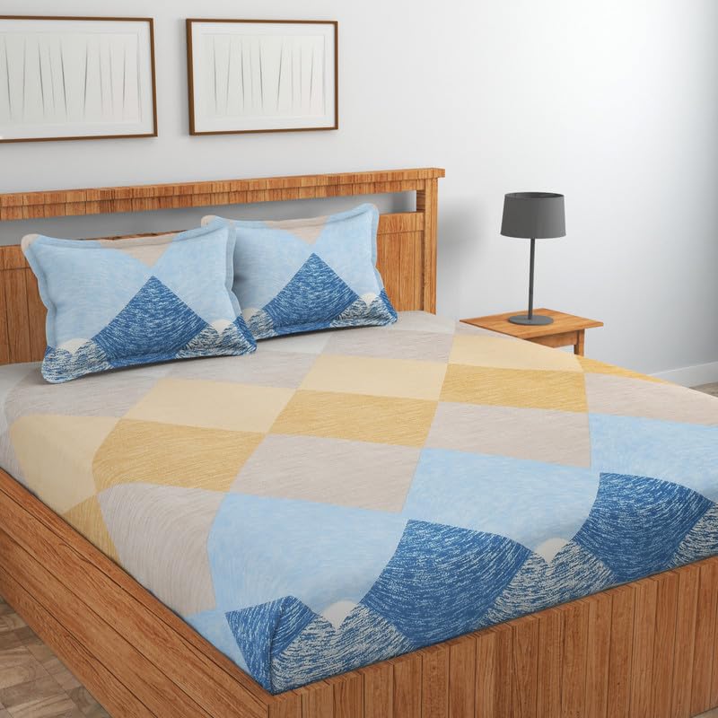 Image of NEW LEAF Cotton Fitted King Size Bedsheets with 2 Pillow Covers | Elastic Fitted | Wrinklefree | Ultrasoft |Winter Bedsheet 220 tc tc Floral | 710x72+10 Inches, Beige Blue