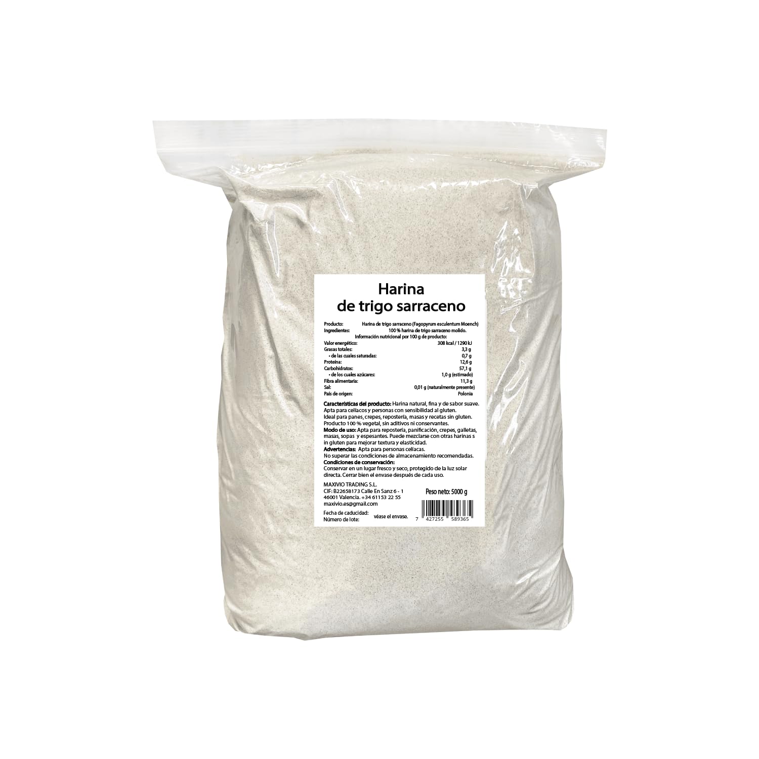 Harina de Trigo Sarraceno 5 kg Sin Gluten - 100% Pura - Ideal para Repostería y Panadería - MaxiVio