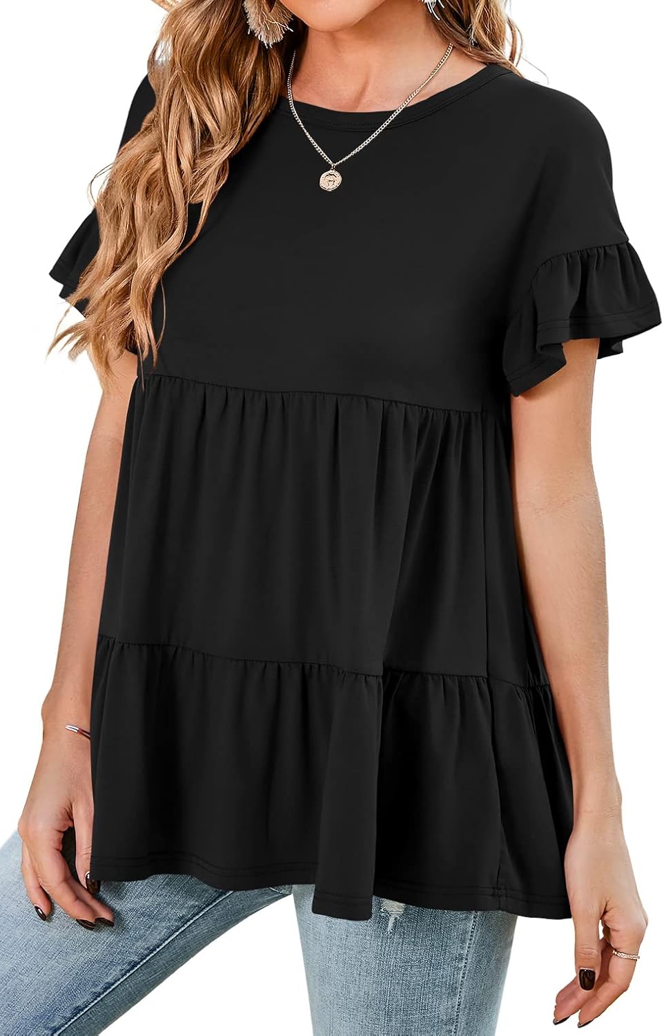 Neineiwu Women's Casual Ruffle Short Sleeve Crewneck Loose Tops Blouses Tunics - Image 4