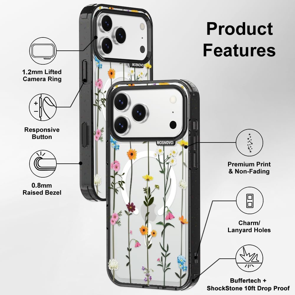 MOSNOVO for iPhone 17 Pro Max Case | Compatible with Magsafe | Military Grade 10ft Drop Tested | Camera Control | Clear Black with Wildflowers Design