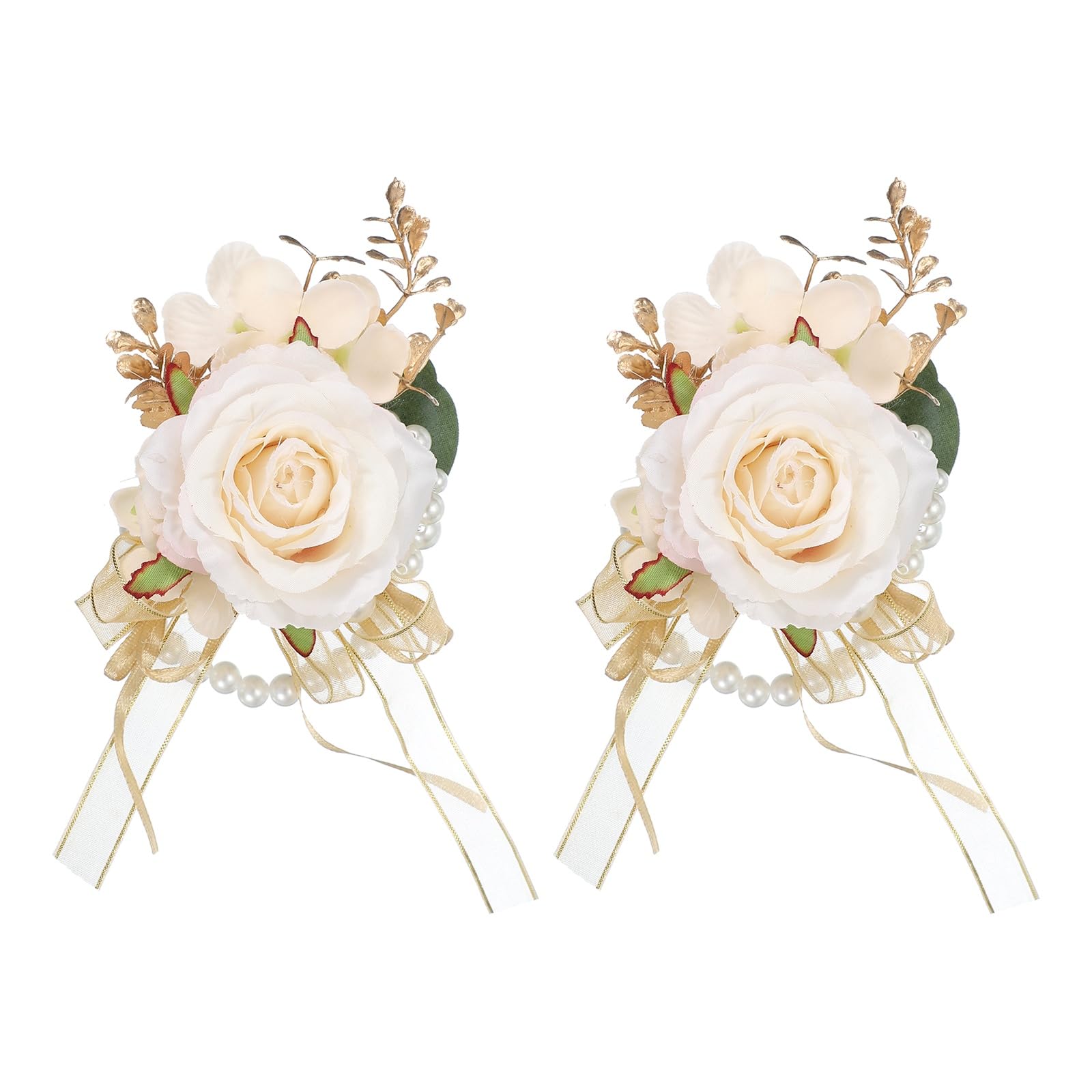 sourcing map 2 Pcs Champagne Flower Wrist Corsage Bracelets, Artificial Flowers Corsage Wristlet for Wedding Bride Ceremony Party Anniversary Prom