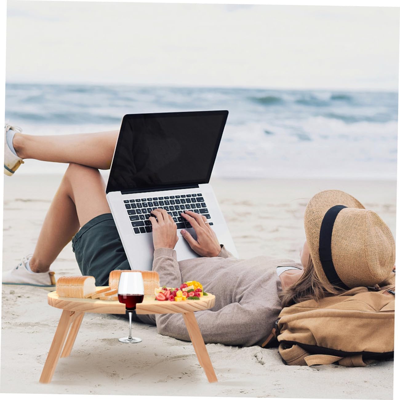 Foldable Wooden Picnic Table with Wine Glass Holder Portable Round Outdoor Table for Camping Beach Park Patio Use