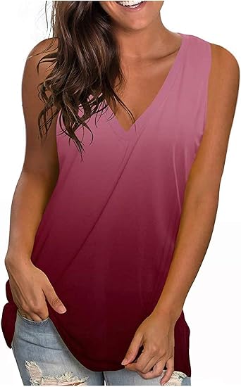 LFEOOST Women Tie Dye Tank Tops Sleeveless Trendy Casual V Neck Vest Workout Shirts Gradient Color Loose Fit T-Shirt Blouses
