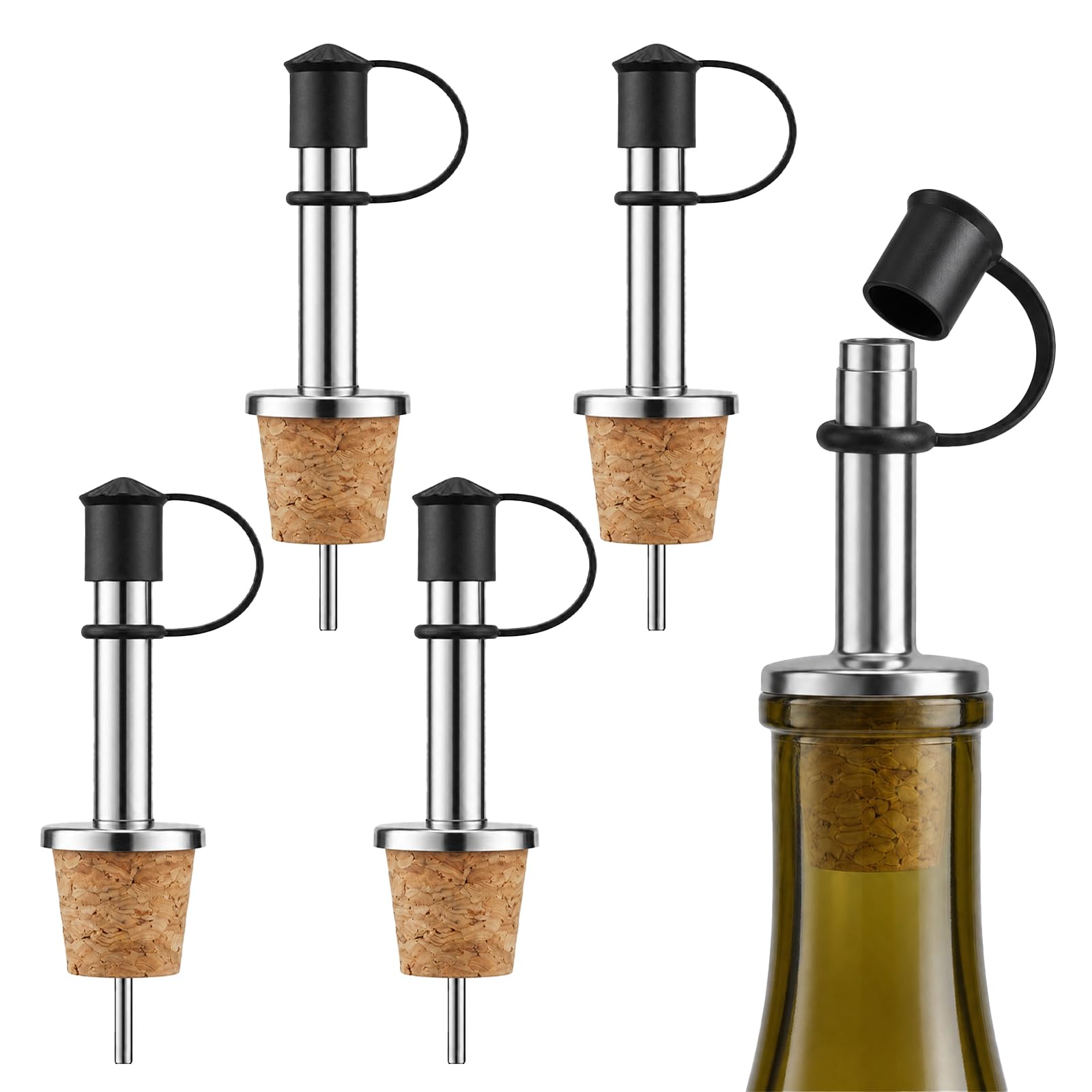 Zirax 4 Pcs Stainless Steel Olive Oil Pourer Spouts with Black Hinged Flip Top Cap, Leakproof Oil Dispenser Bottle Drizzler for Vinegar, Wine, Liquor, Syrup