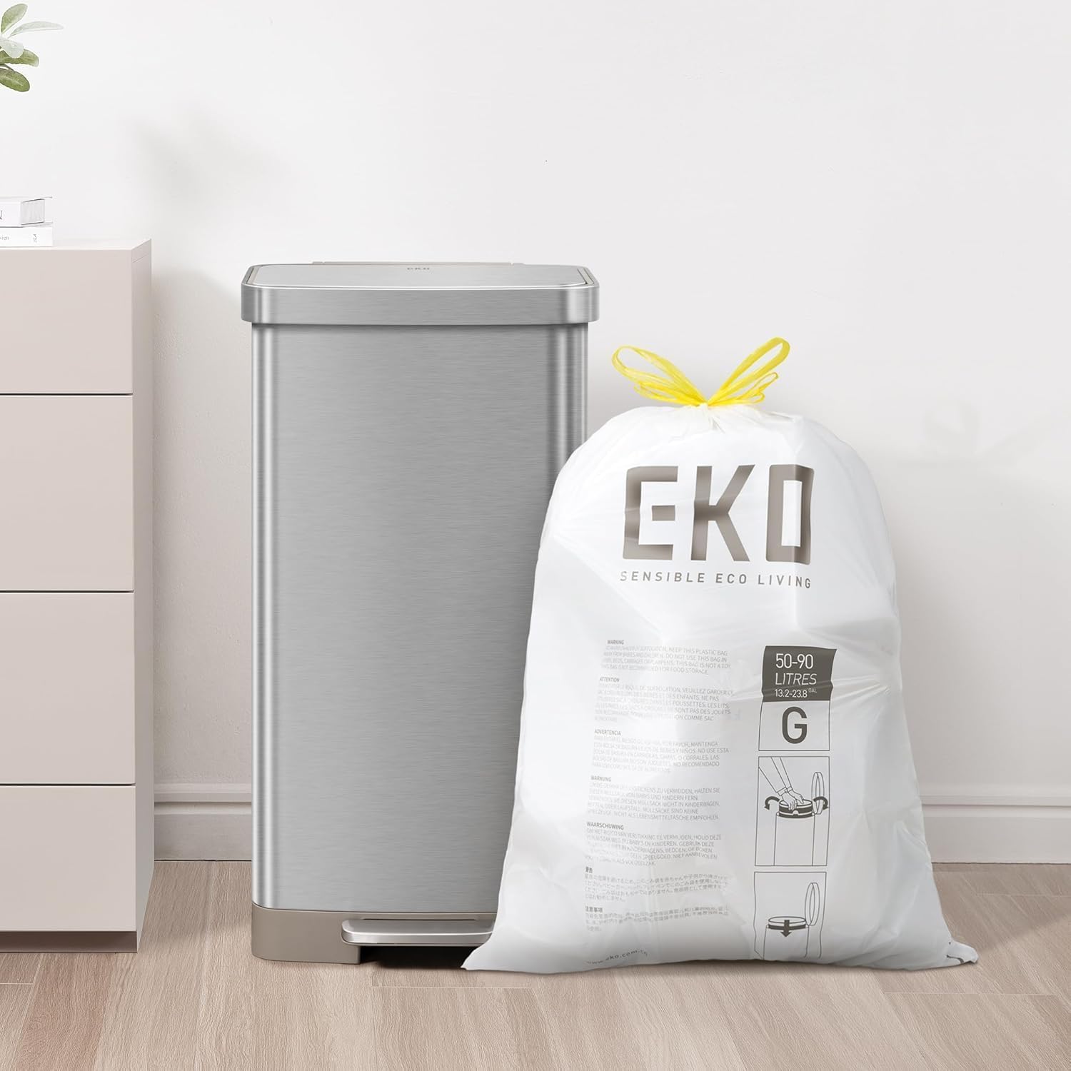 EKO Bolsas de Basura para Cocina Código G 50-90 L Pack de 110 | Bolsas EKO extra fuertes de 50–90 L, antifugas, con cordón reforzado y pack de 110 unidades.