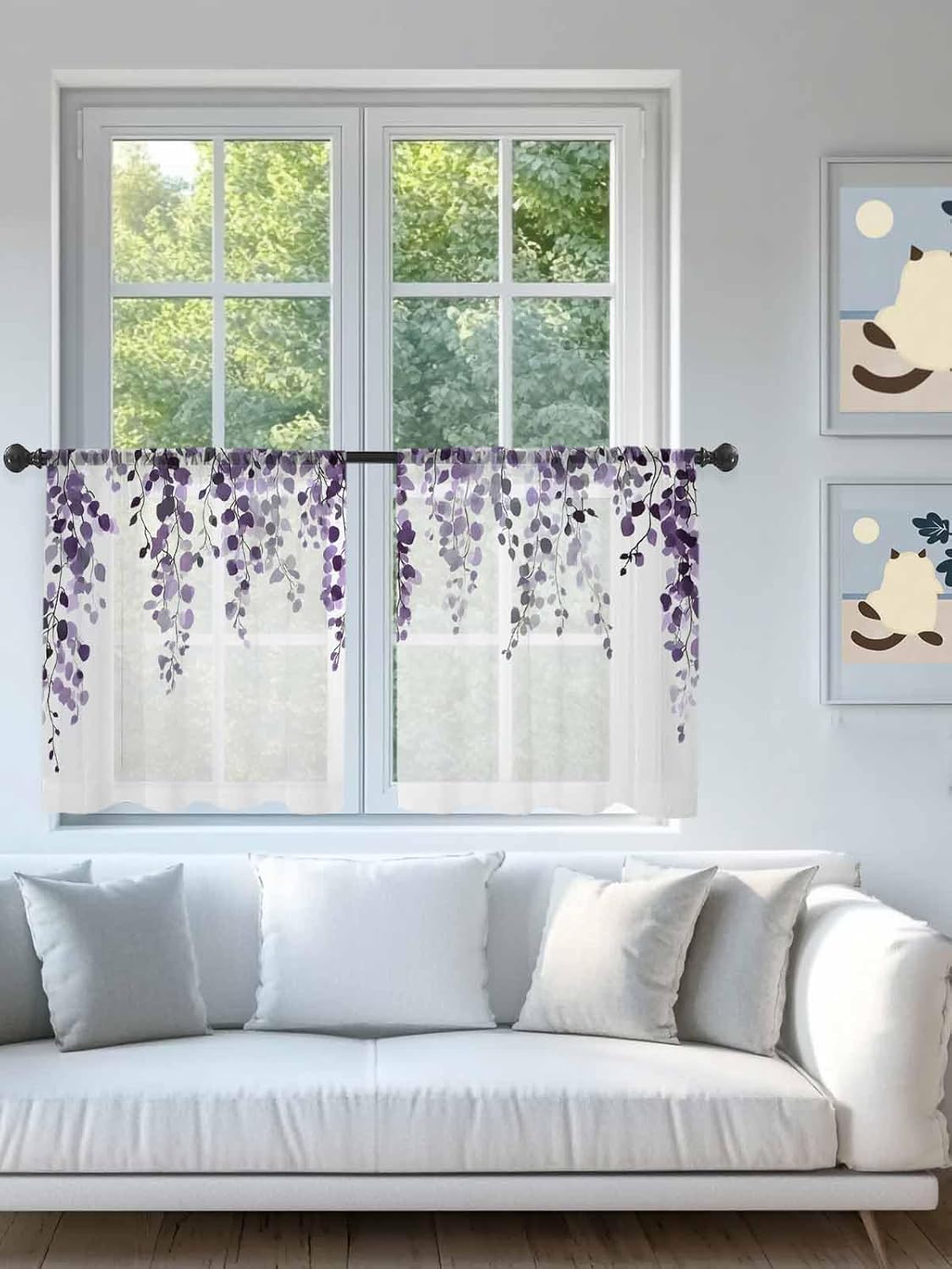 Purple Eucalyptus Leaves Sheer Curtains 45 Inch Long 2 Panels, Rustic Summer Watercolor Plant Light Filtering Window Sheer Curtains, Rod Pocket Voile Drapes for Living Room Bedroom, 52”x45”