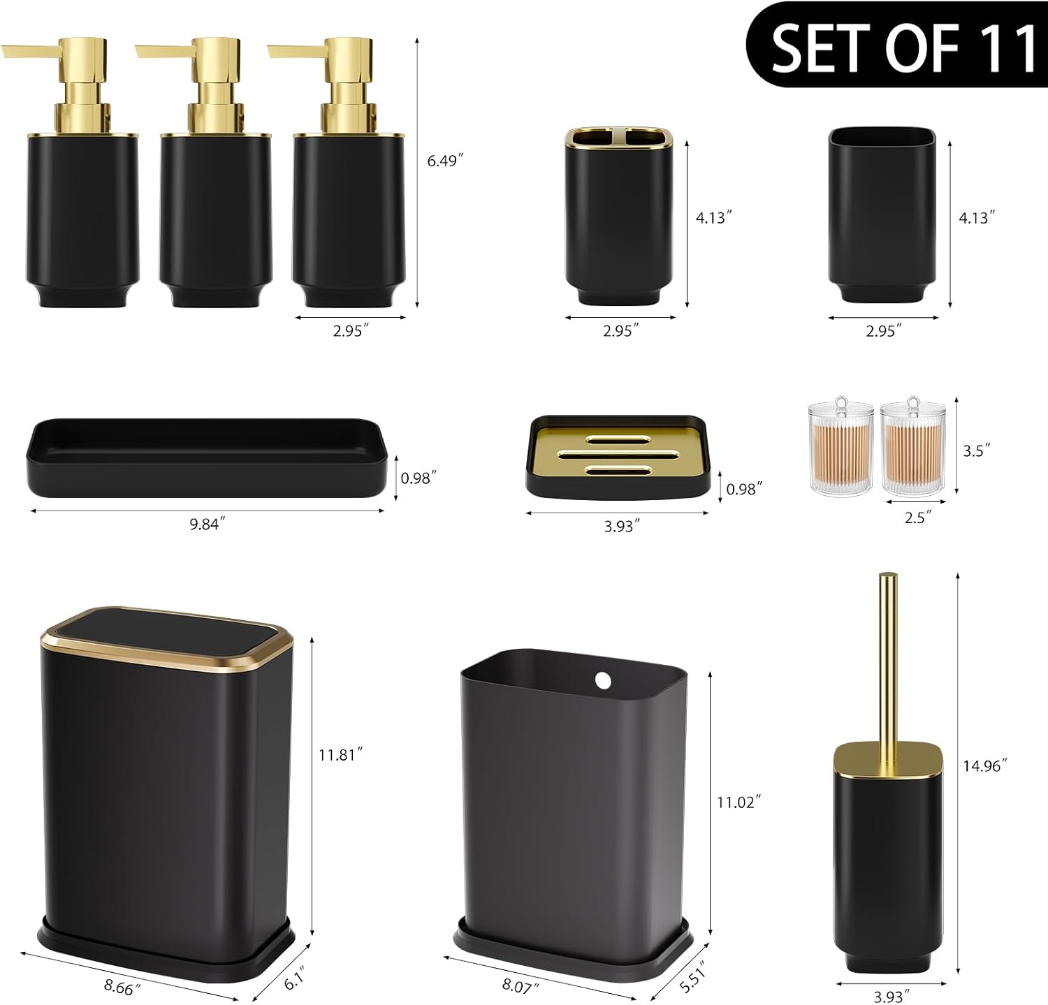 Bathroom Accessory Set - 11PC Black Bathroom Set, Bathroom Sets with Stainless Steel Trash Can, Toilet Brush, Toothbrush Set, Soap Dispenser