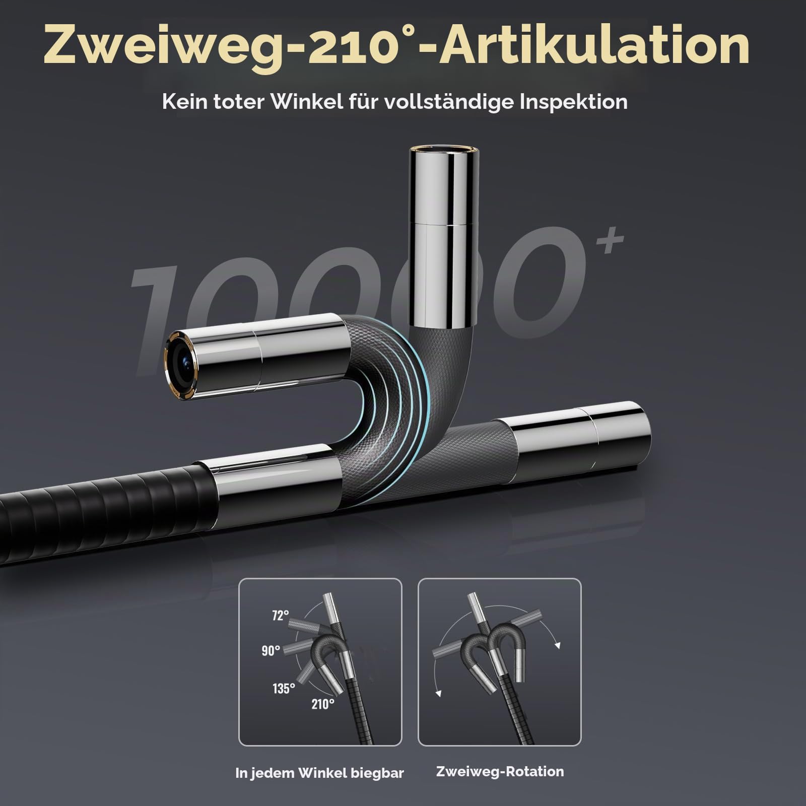 Endoskopkamera mit Licht, Inspektionskamera mit 210° beweglichem Kopf