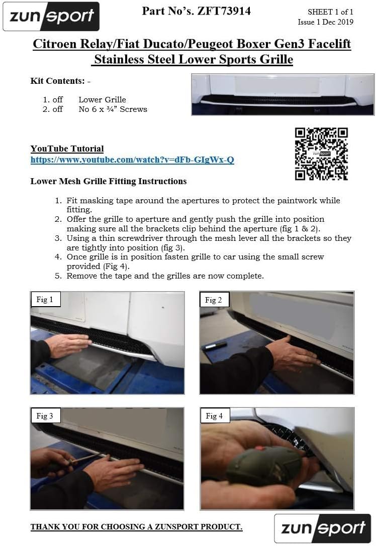 Zunsport Compatible With Fiat Ducato/Peugeot Boxer/Citroen Relay - Lower Grill - Black Finish (2014 -)