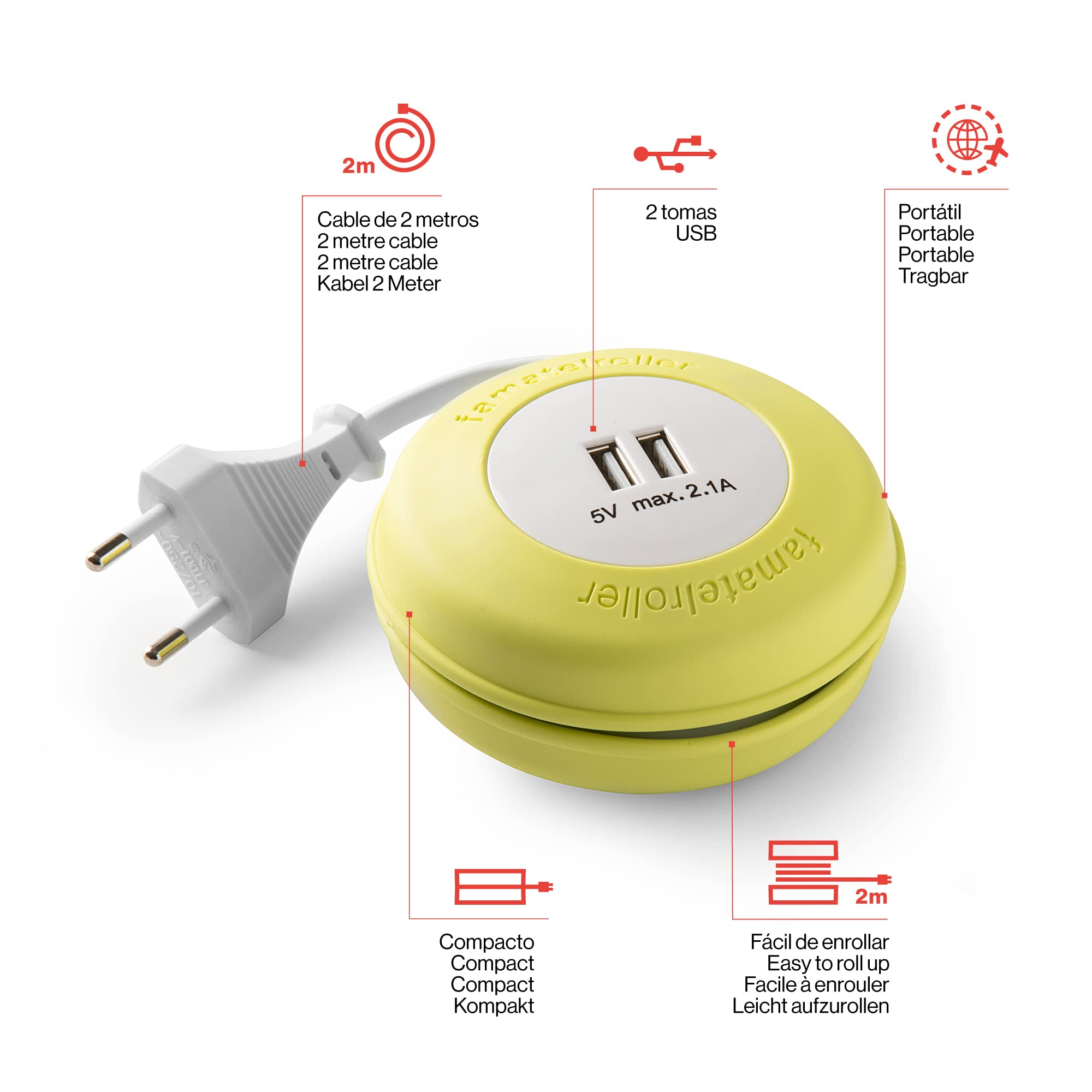 Famatel 2 m silicone rollable cable reel, with 2 USB, very flexible and durable, yellow, green, 9 x 9 x 4 cm - Image 3