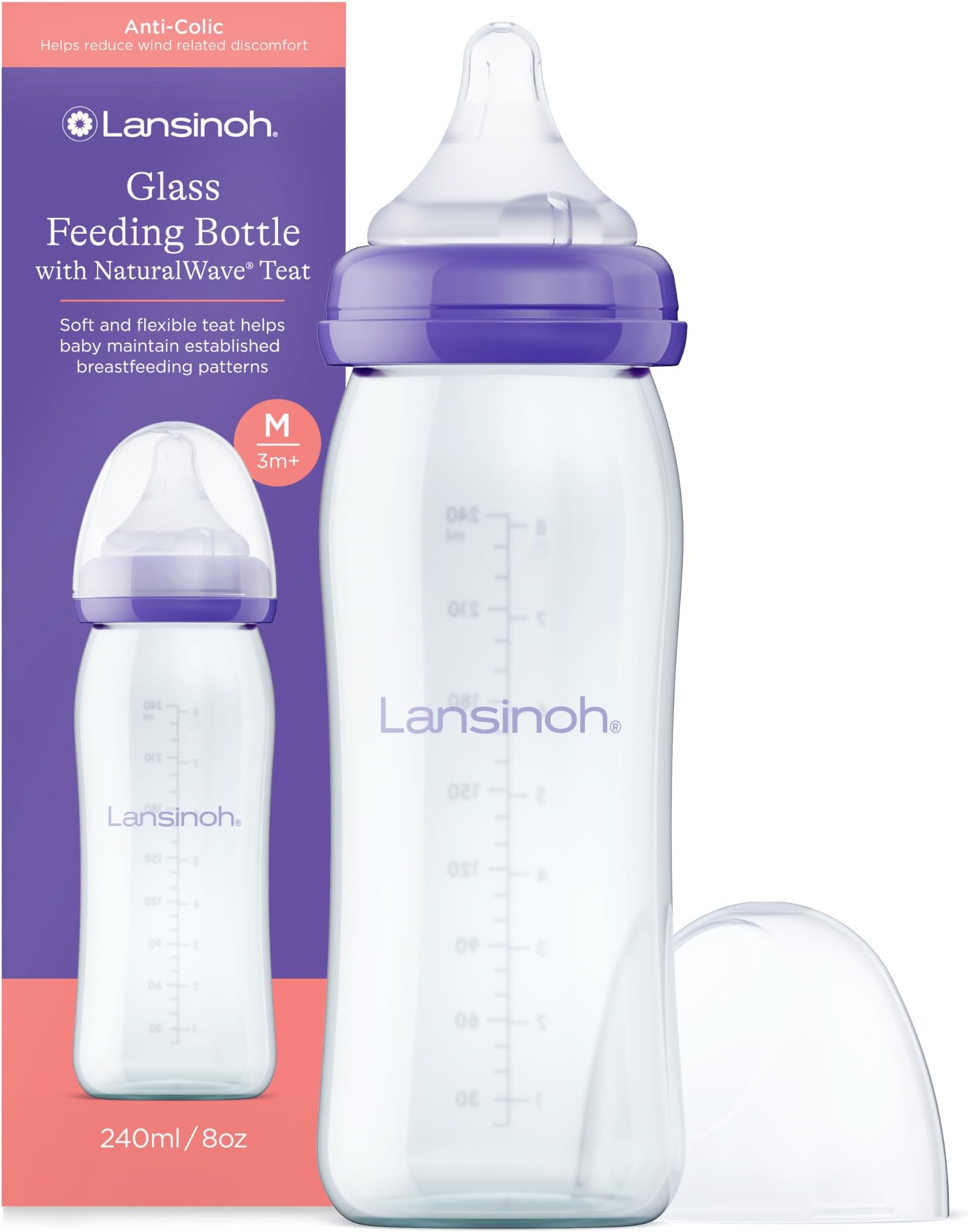 Lansinoh Glass Baby Bottle with NaturalWave Teat (240 ml), Anti-colic, Premium heat & thermal shock-resistant glass, Medium Flow soft & flexible silicone teat, teats are BPA & BPS free, purple