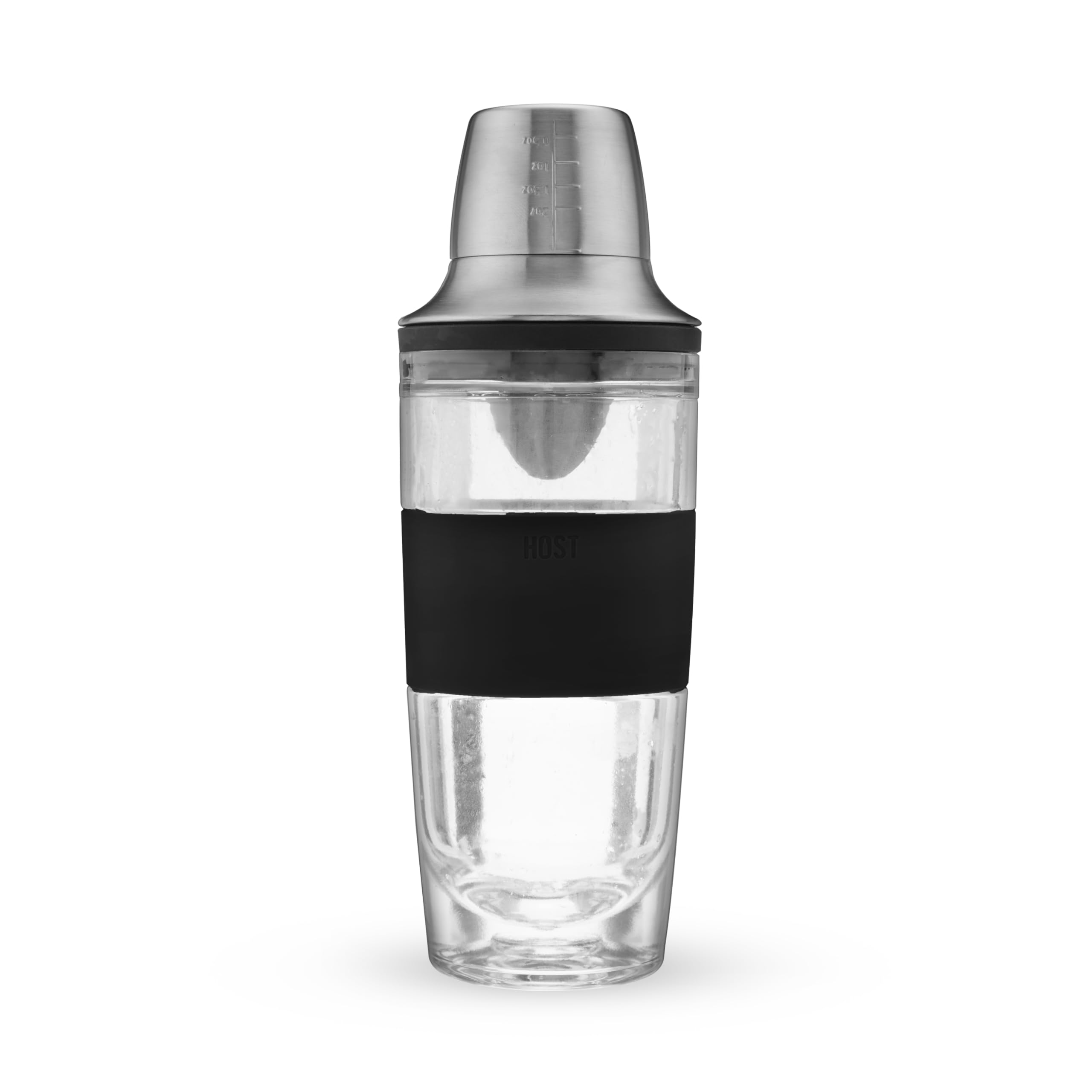 HOST Shaker per cocktail FREEZE Tazza a doppia parete con alesatore di agrumi, tappo jigger in acciaio inossidabile, filtro e gel rinfrescante attivo, set da bar nero, 590 ml, grigio