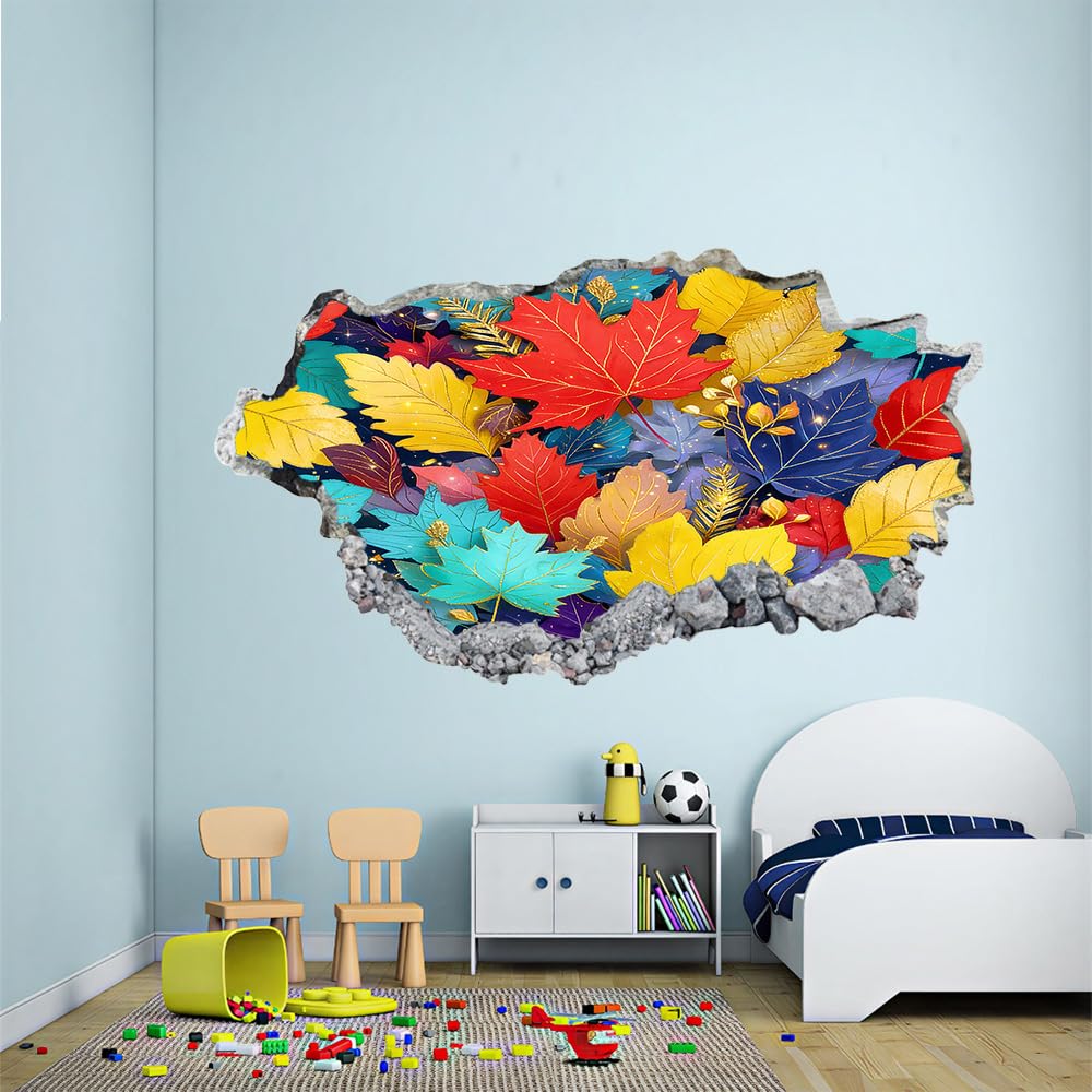 3D Wandtattoo Wanddurchbruch, Ahornblätter Durchbruch Wandaufkleber für Kinderzimmer, sticker für Wohnzimmer, Bunte Blätter Wandsticker, Wandbild Junge Mädchen Schlafzimmer