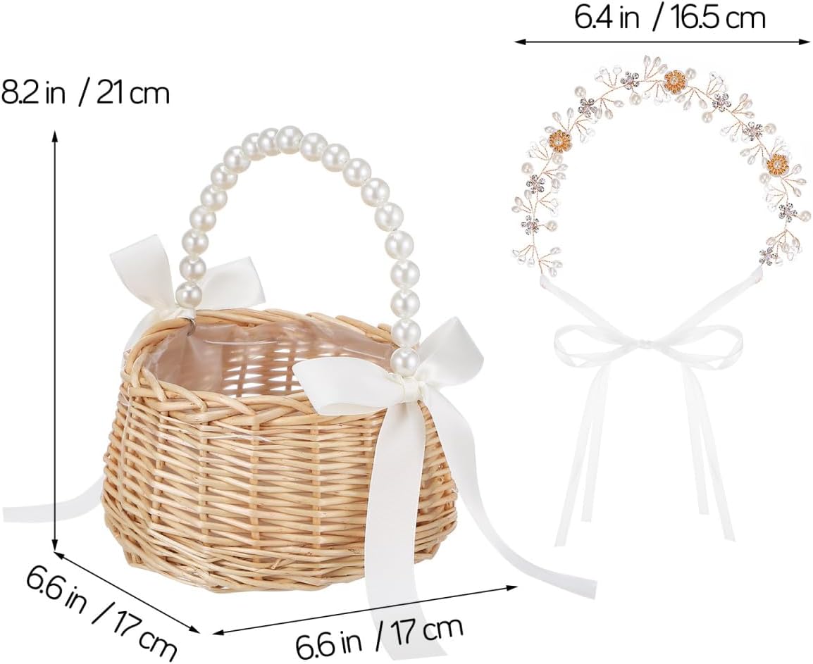 Cabilock Handwoven Rattan Flower Girl Basket with Lace Detail and Comfortable Handle Includes Elegant Floral Headband for Weddings Gift Presentation and Party Decoration 6.69X6.69X3.74 Inch