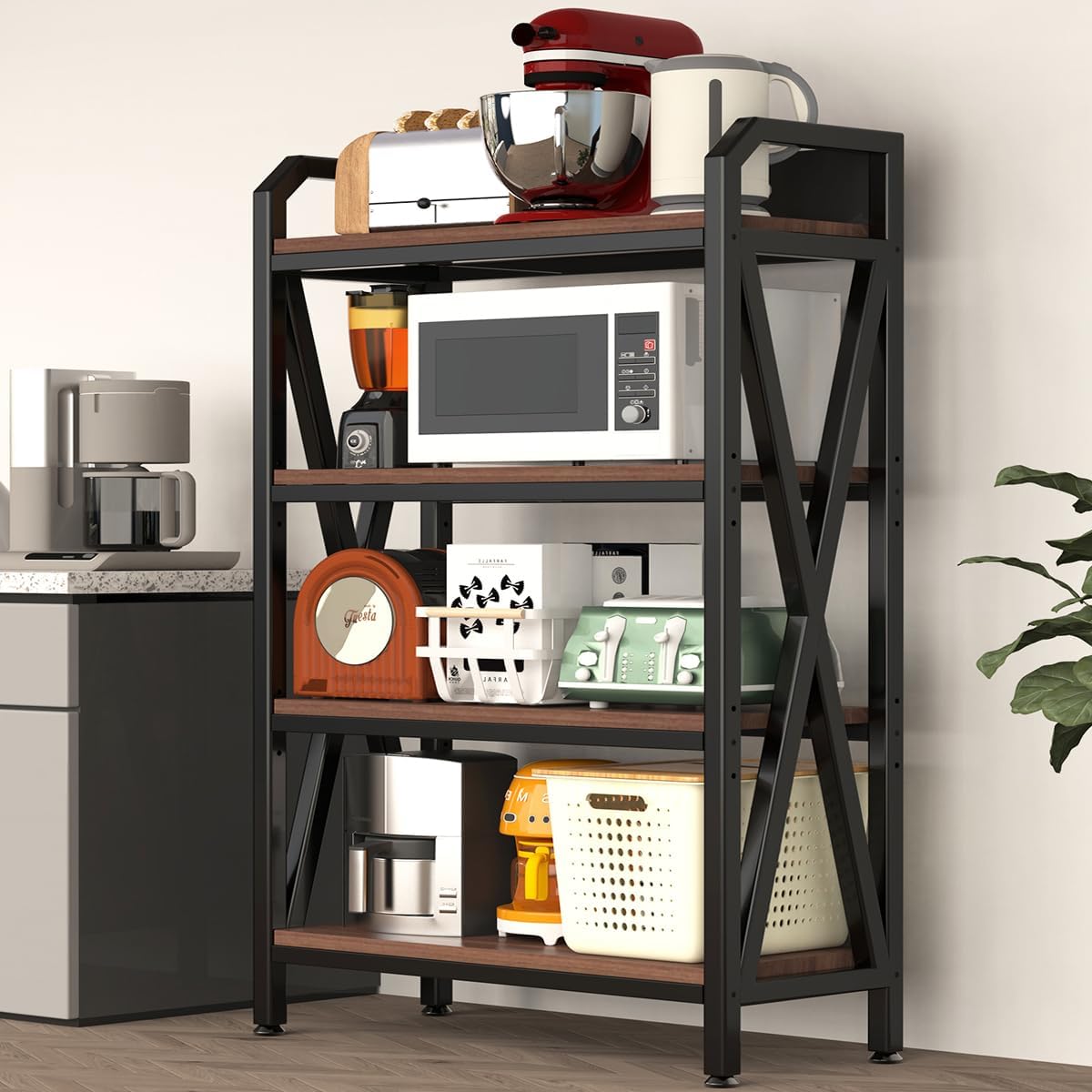 4-Tier Bakers Rack, 56" Kitchen Storage Shelf, Metal & Wood Open Shelving Unit for Pantry, Garage, Bathroom, Living Room - Adjustable Freestanding Organizer, Black Brown