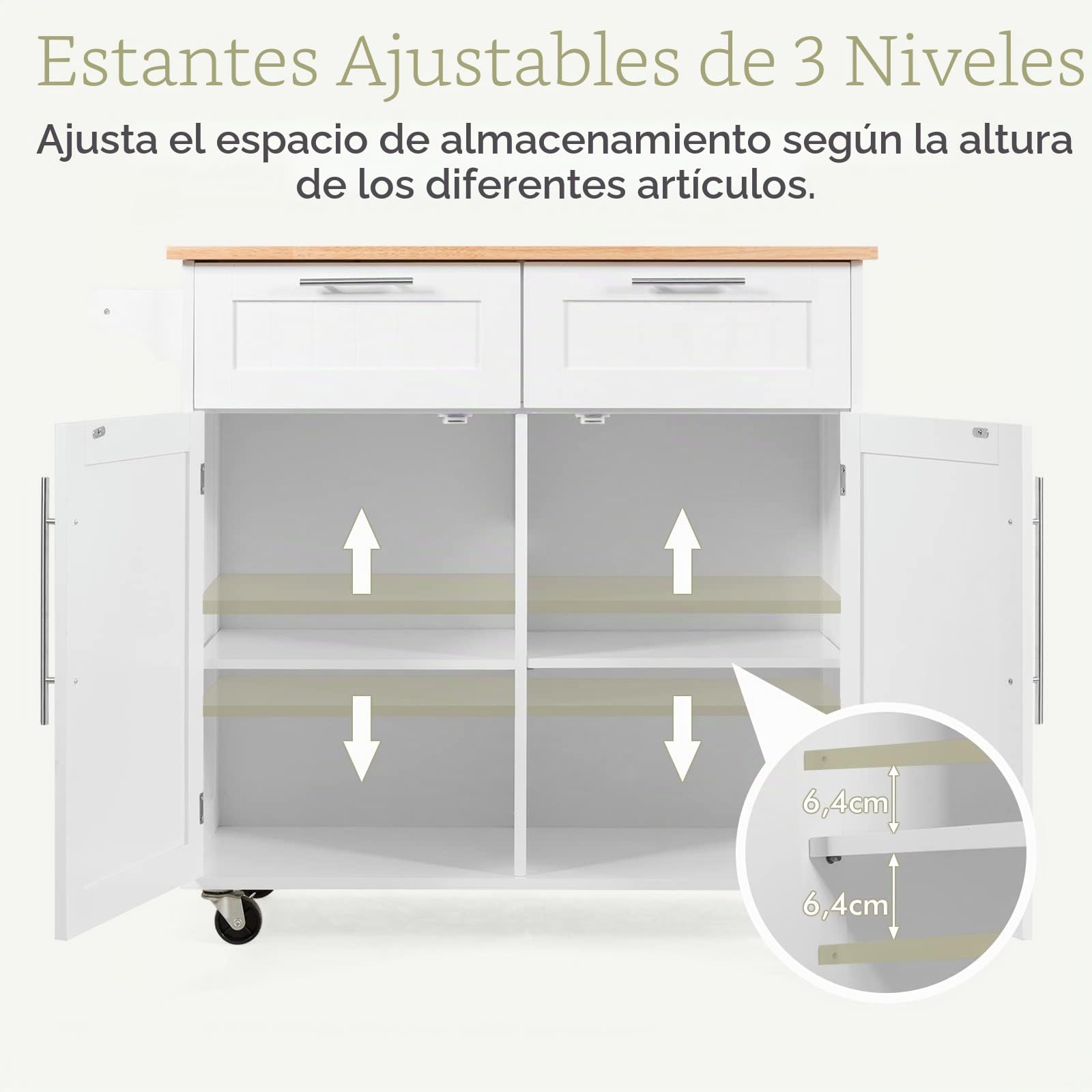 GOPLUS Postre con Ruedas, Cesta de Cocina de Madera, con Armario, Estante de 3 Niveles Ajustables y 2 cajones, toalleros, 94 x 45 x 94,5 cm, Blanco