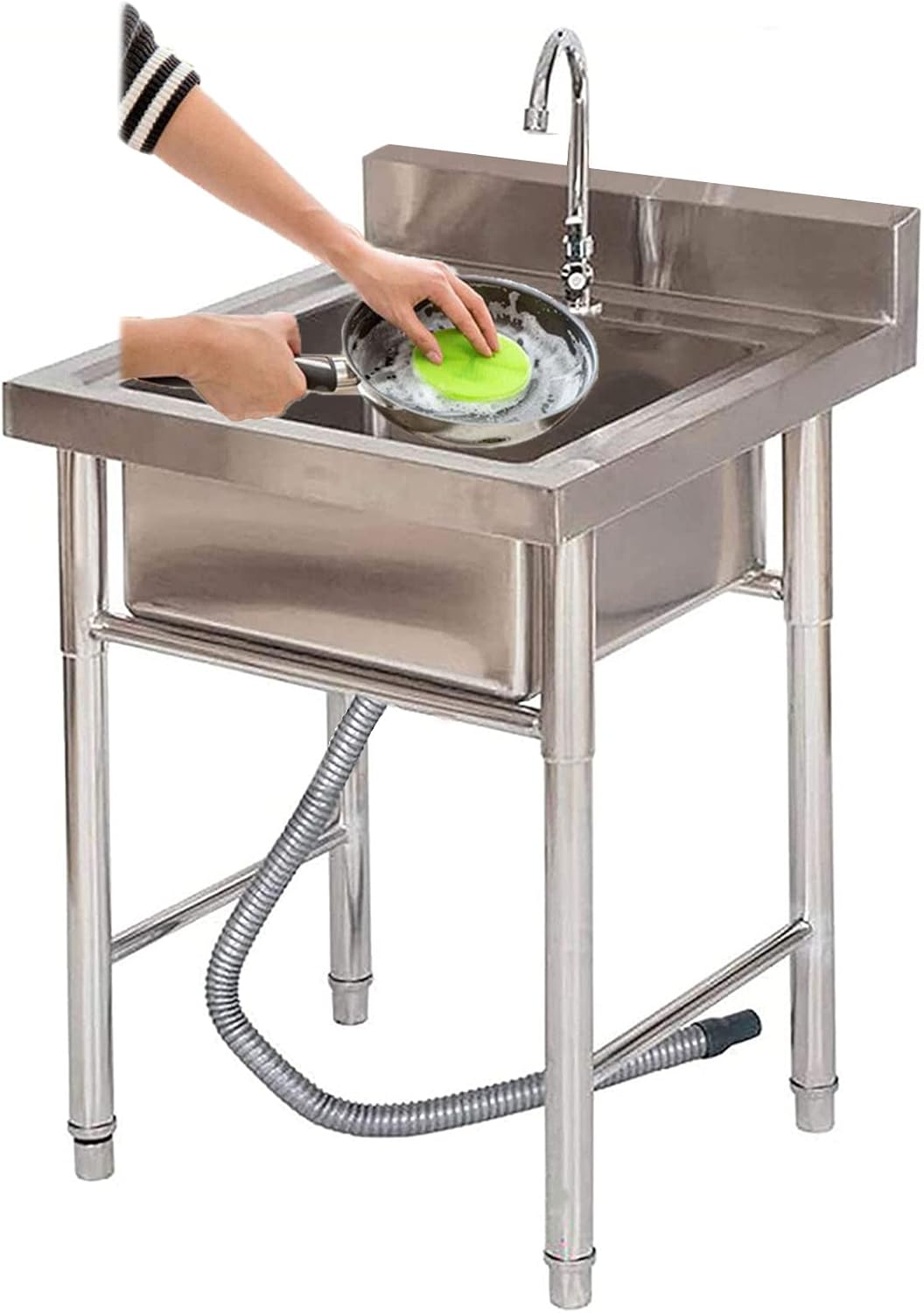 Commercial Kitchen Prep Utility Sink 1 Compartment Stainless Steel Free Standing Laundry Tub Culinary Sink with Faucet, Backsplash and Adjustable Feet