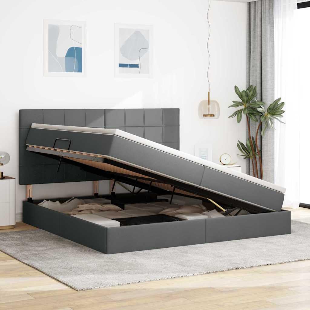 Letto portaoggetti moderno con illuminazione a LED e materasso, telaio in metallo, rivestimento in poliestere, grigio scuro, 200 x 200 cm, sistema di sollevamento idraulico, luce RGB