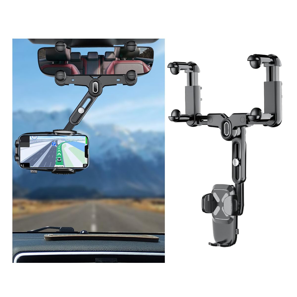 Rear View Mirror Phone Holder, 360° Rotatable Retractable Rearview Mirror Phone Mount, Multifunctional Adjustable Auto Phone Cradles for All Smartphones, Car Accessories