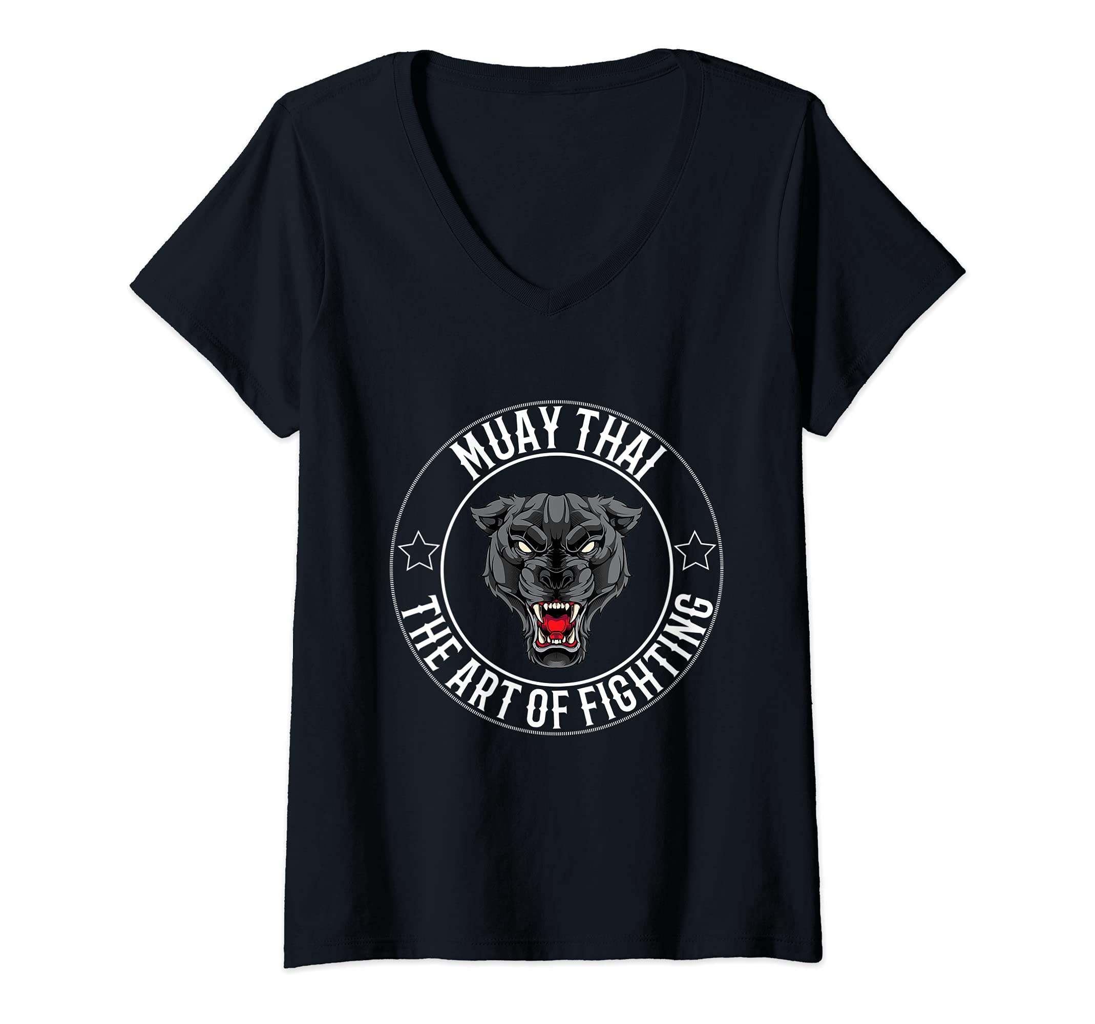 Womens Muay Thai and Thai Boxing Panther V-Neck T-Shirt, Black