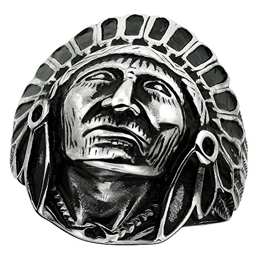 Surgical Stainless Steel Biker Ring Indian Chief Head 1 3/16 inch Wide, Size 9.5