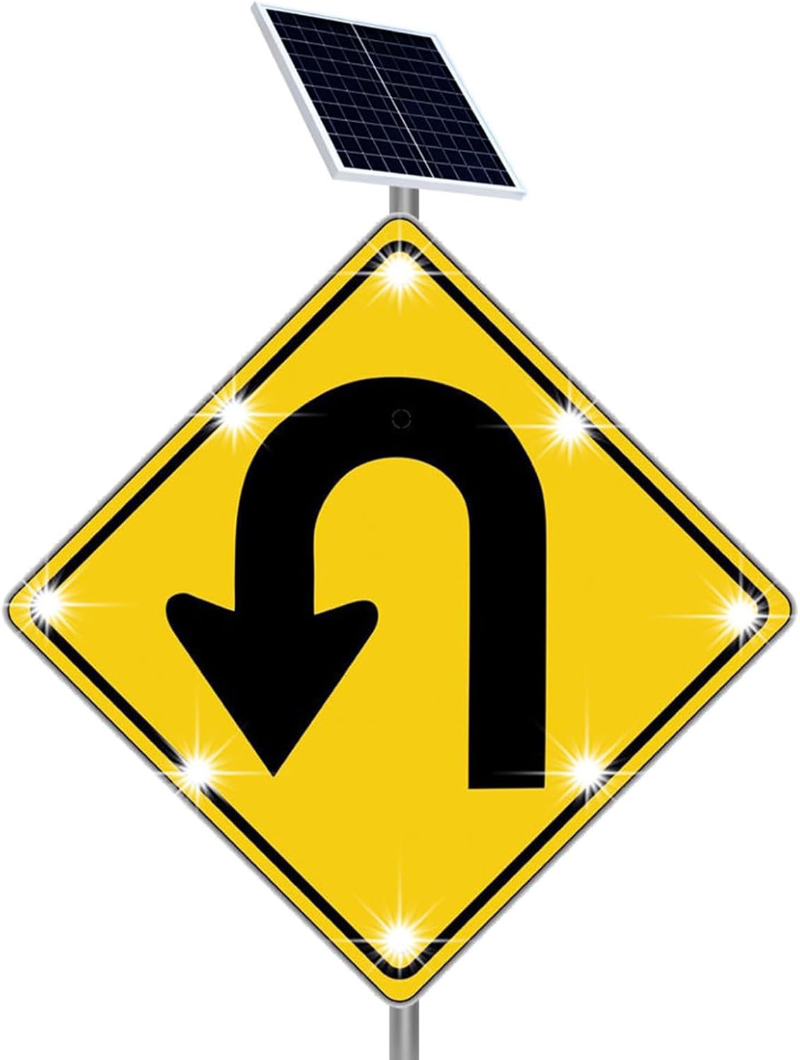 LED Flashing U-turn Traffic Safety Sign, 24" Rust Free Heavy Duty Aluminum U-turn Sign, Solar Power Reflective Warning Signal