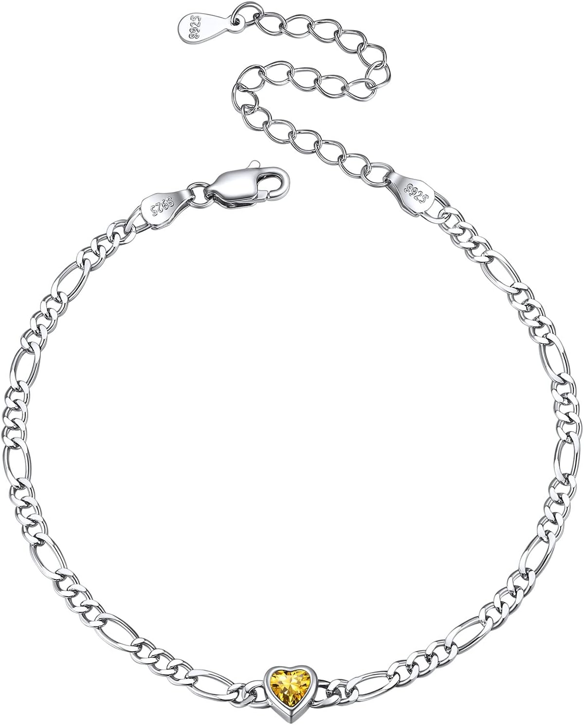 ChicSilver 925 Sterling Silver Heart Bracelet for Women Dainty 3mm Cubic Zirconia CZ Created Yellow Topaz November Birthstone Figaro Chain Bracelet Birthday Jewelry Gifts